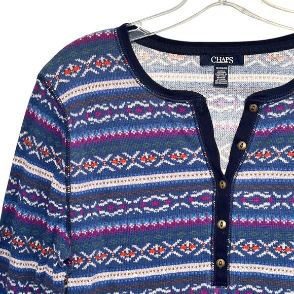 Chaps Fair Isle Henley Thermal Top Womens Size 1X Blue Cotton Tribal Classic Tee - Picture 3 of 9